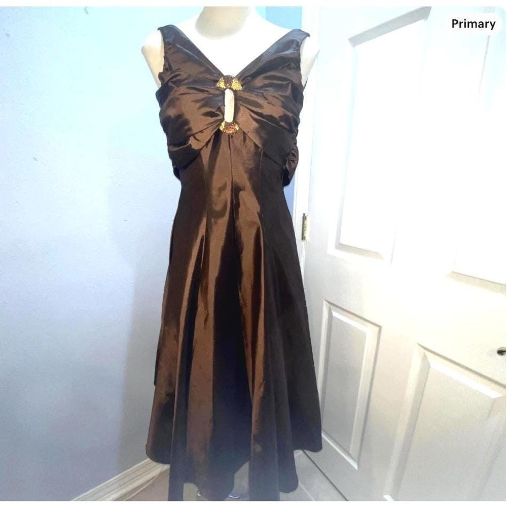 Vintage Bari Jay Espresso Brown Taffeta Cocktail Dress Beaded Ring Bow Detail 2